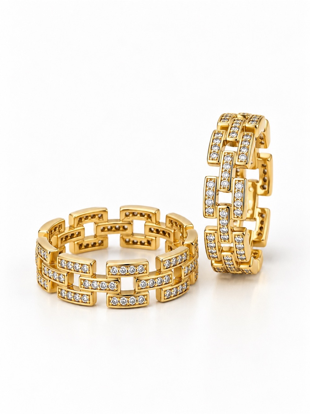 14K Gold Plated Chain Link Ring Real Zirconia Pavé Statement Jewelry